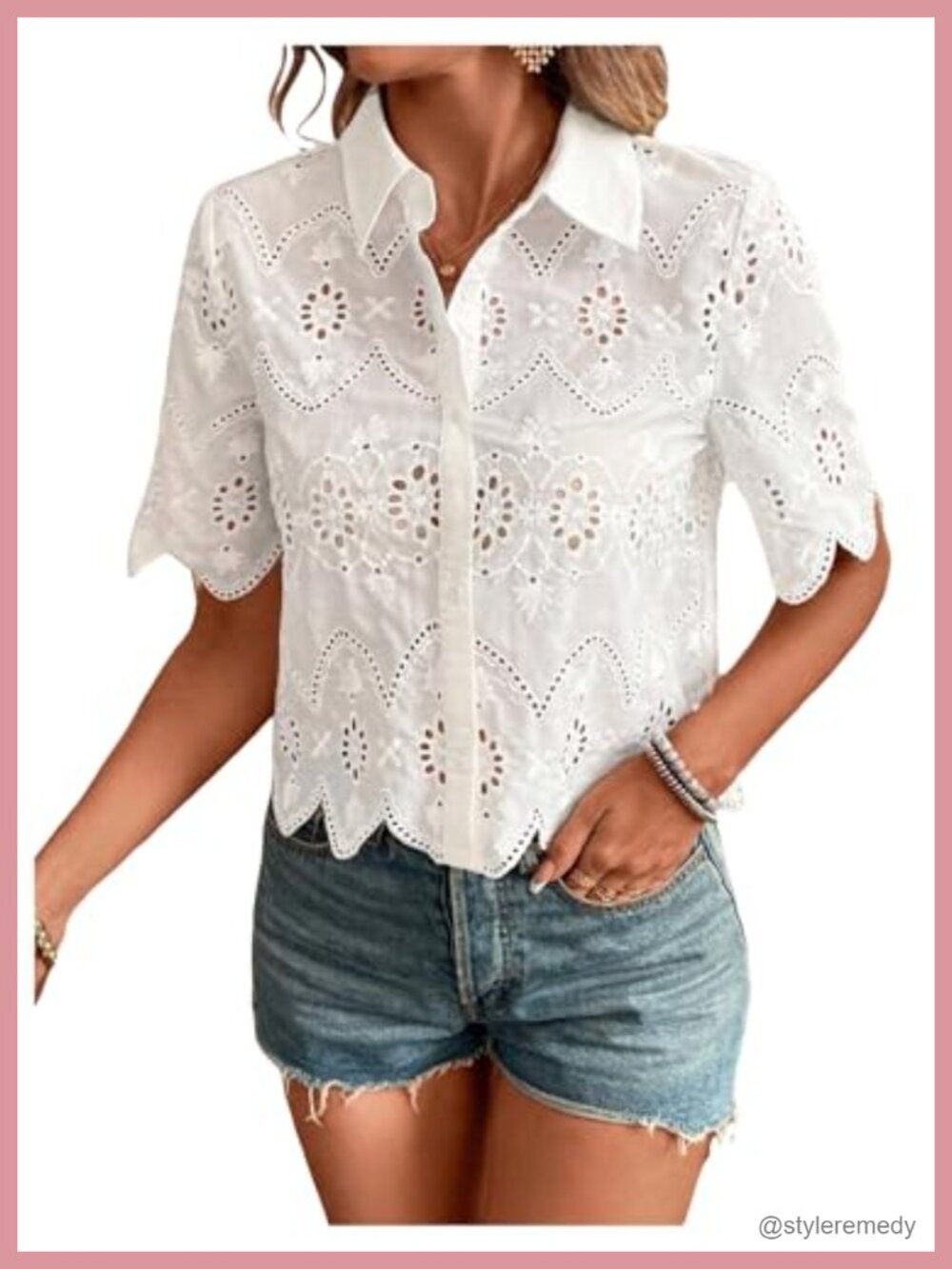 Eyelet Button Down Collared Blouse Short Sleeve Boho Crop Top